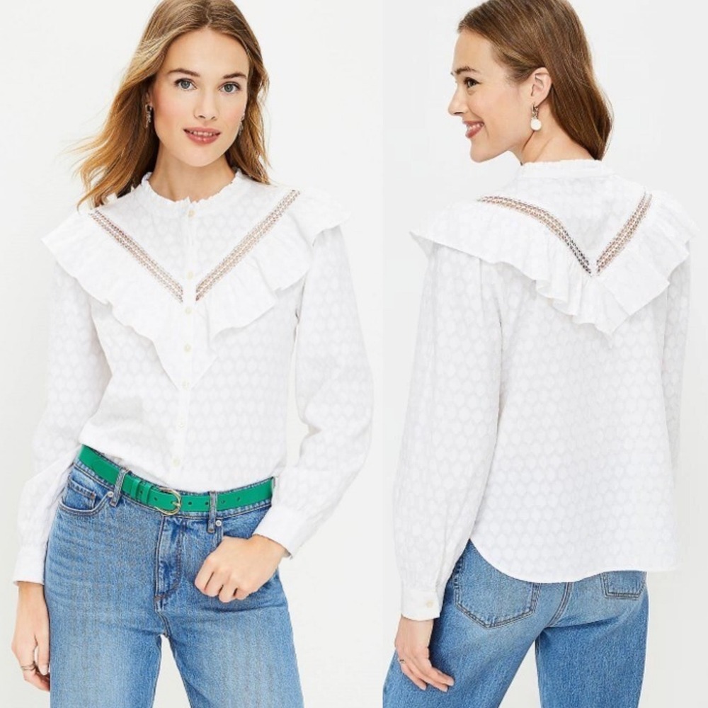 NWT Loft Womens Ruffle Button Up Peasant Blouse XL White Long Sleeve Cottagecore